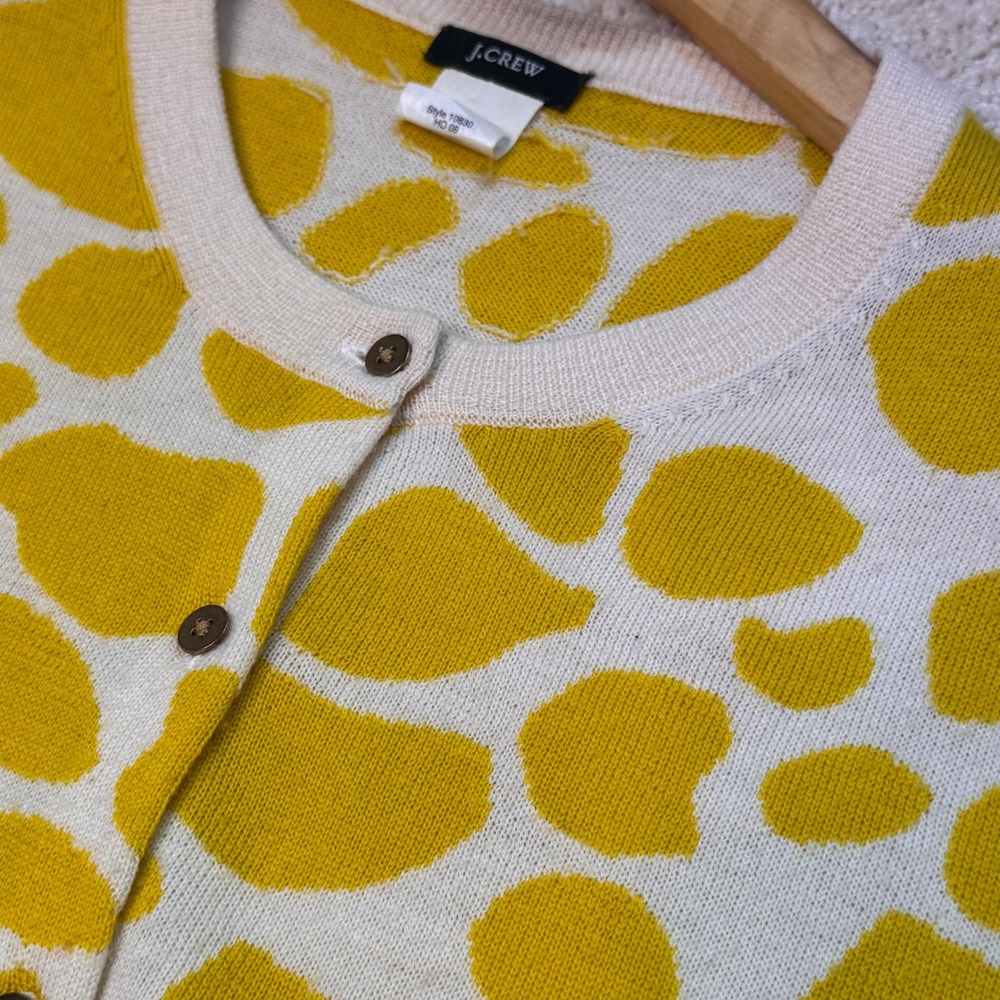 J.Crew Giraffe Print Merino Wool Cardigan Women's M Mustard Yellow Cream - Picture 2 of 11